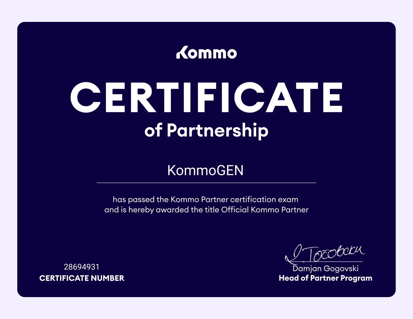Kommo partner certificate — KommoGEN